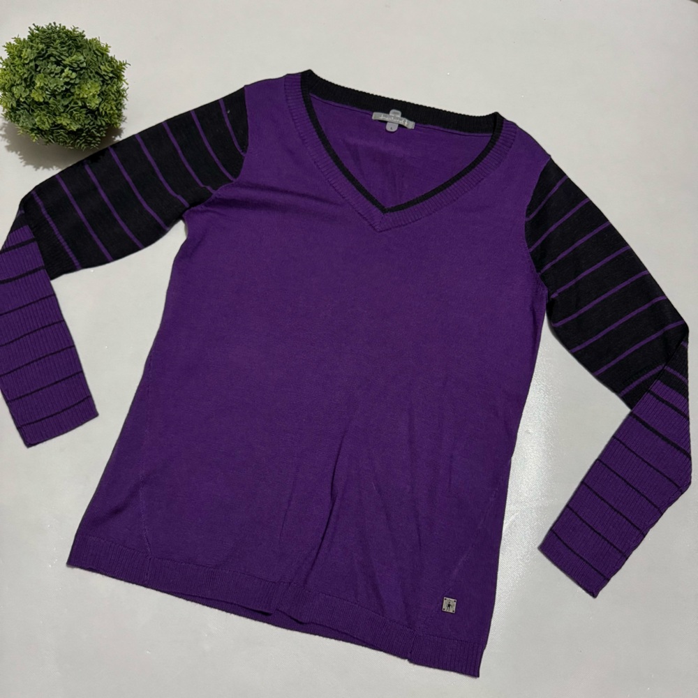 Smartwool 100% Wool Black Purple Striped V Neck Pullover Sweater Size Large